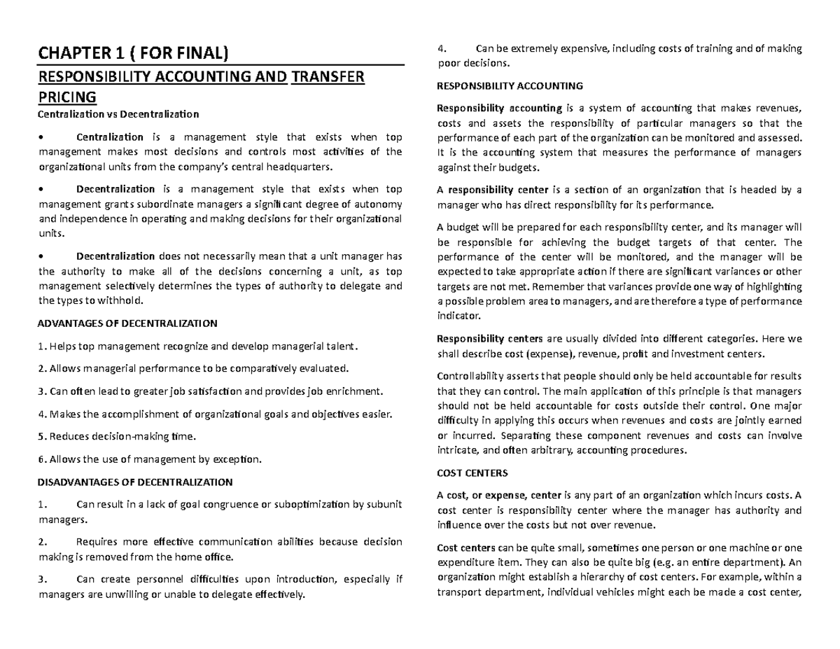 CHAPTER 1: RESPONSIBILITY ACCOUNTING & TRANSFER PRICING (FINAL) - Studocu