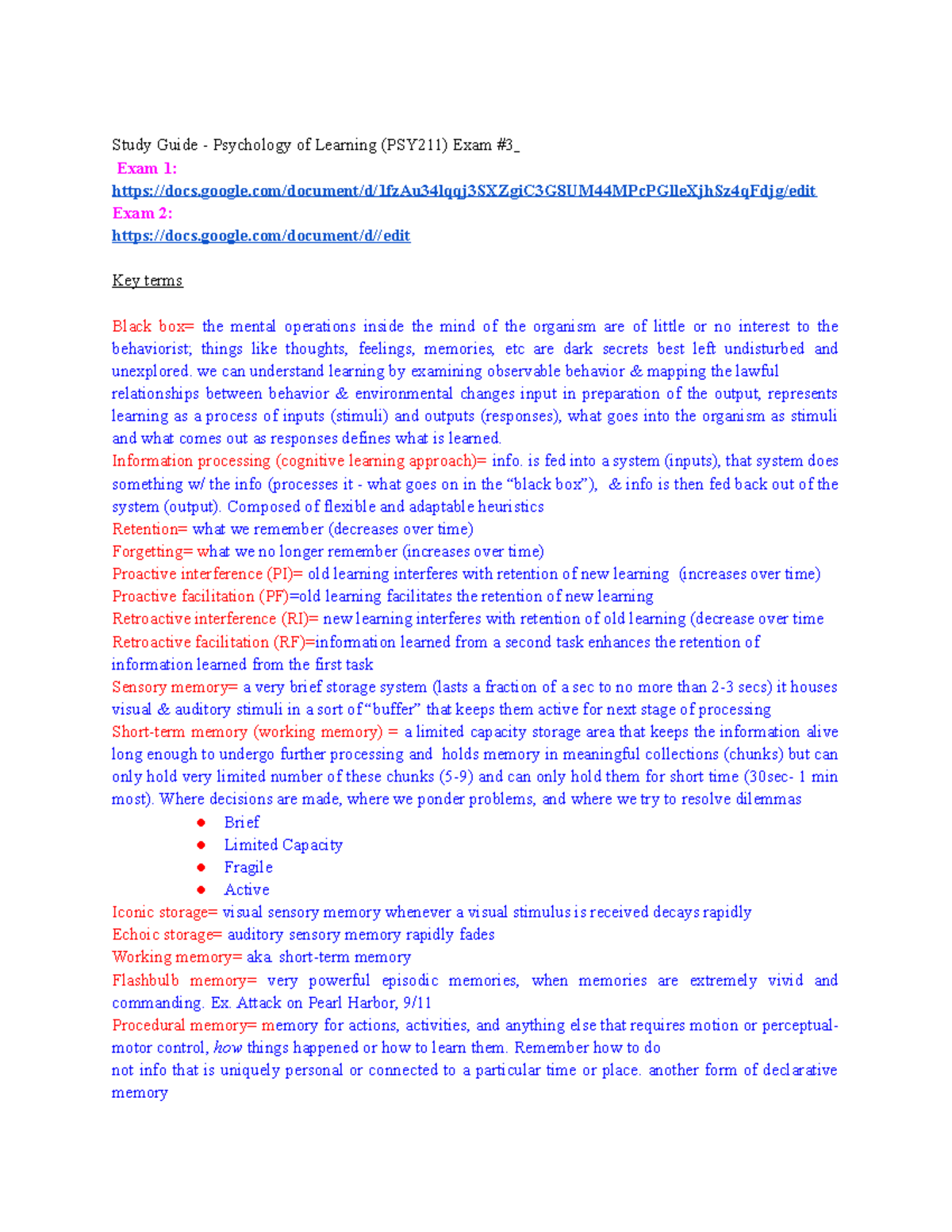 Psy 211 Exam 3 Study Guide: Key Concepts in Psychology of Learning ...