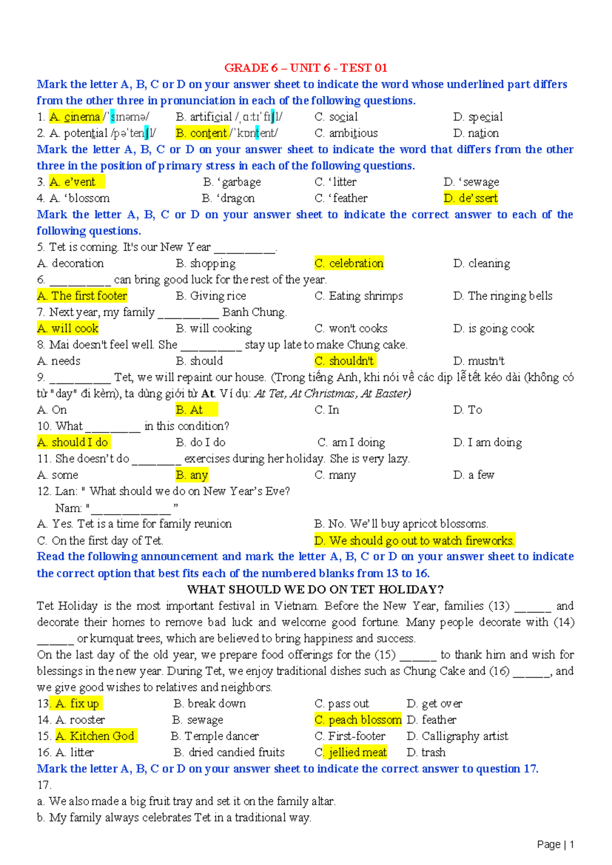 GRADE 6 UNIT 6 TEST ANSWERS - ĐÁP ÁN LỚP 6 - Studocu