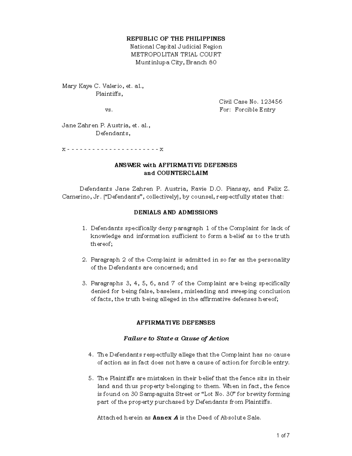 Answer to Civil Case No. 123456: Forcible Entry Defense and ...