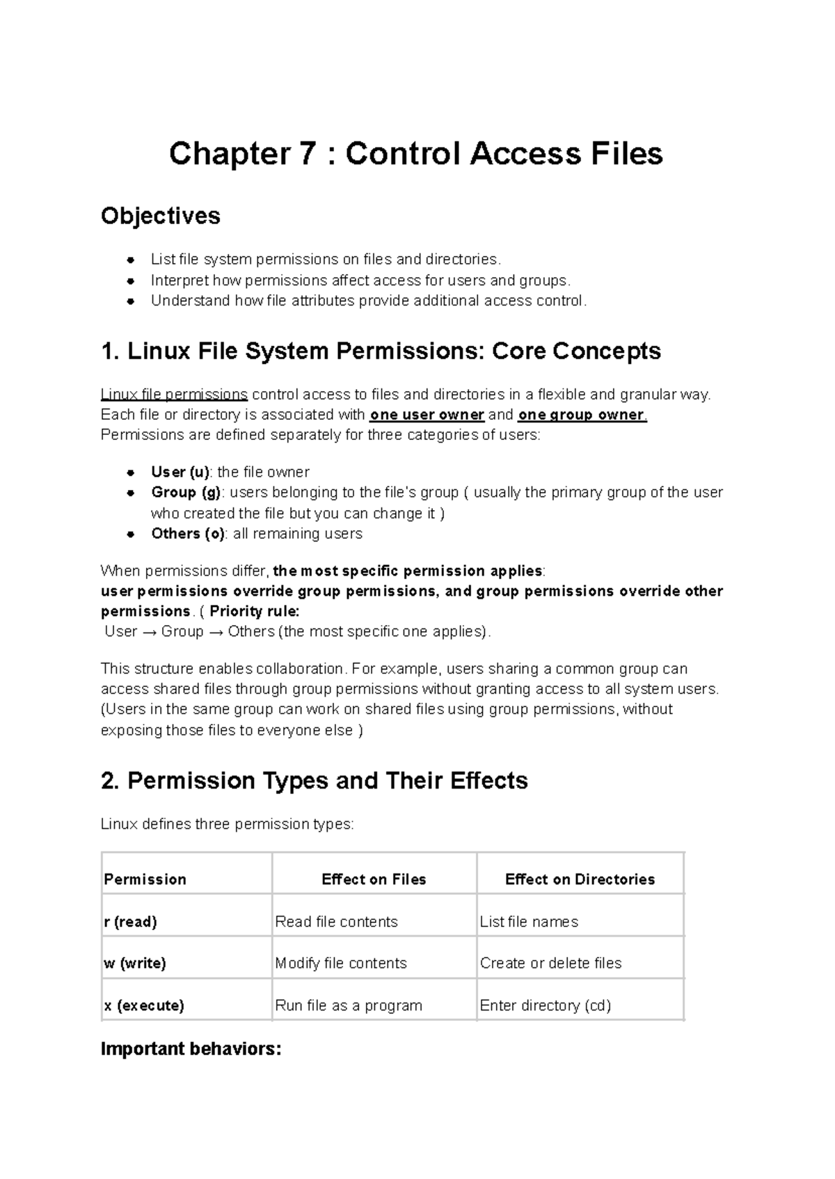 Chapter 7: Control Access to Files - Linux Permissions Overview - Studocu