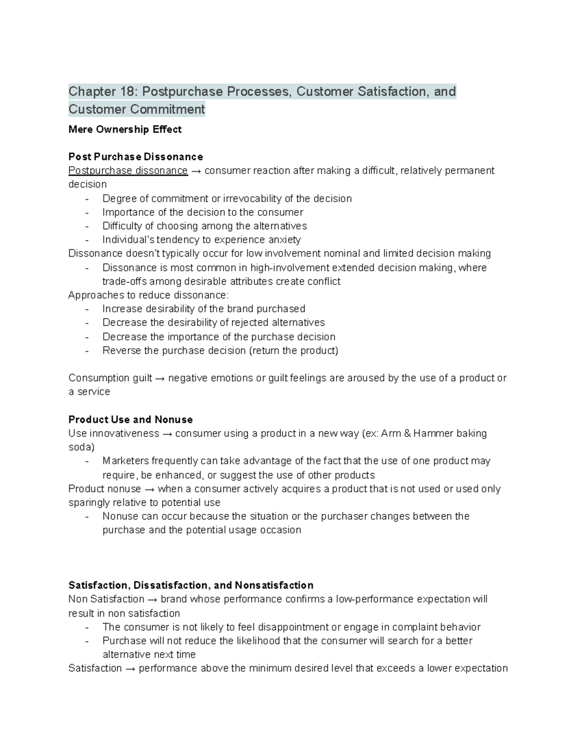 Consumer Behavior - Chapter 18 Study Guide - Chapter 18: Postpurchase Processes, Customer - Studocu