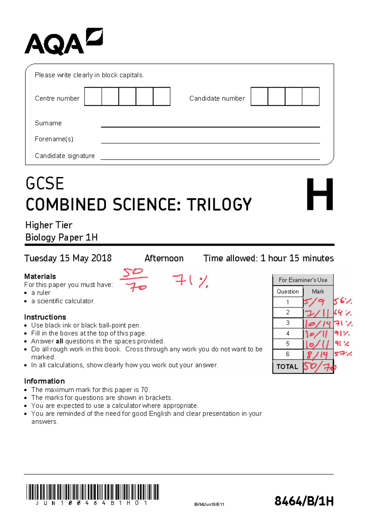 GCSE Combined Science: Trilogy 2018 Biology Paper 1 (Higher Tier) - Studocu