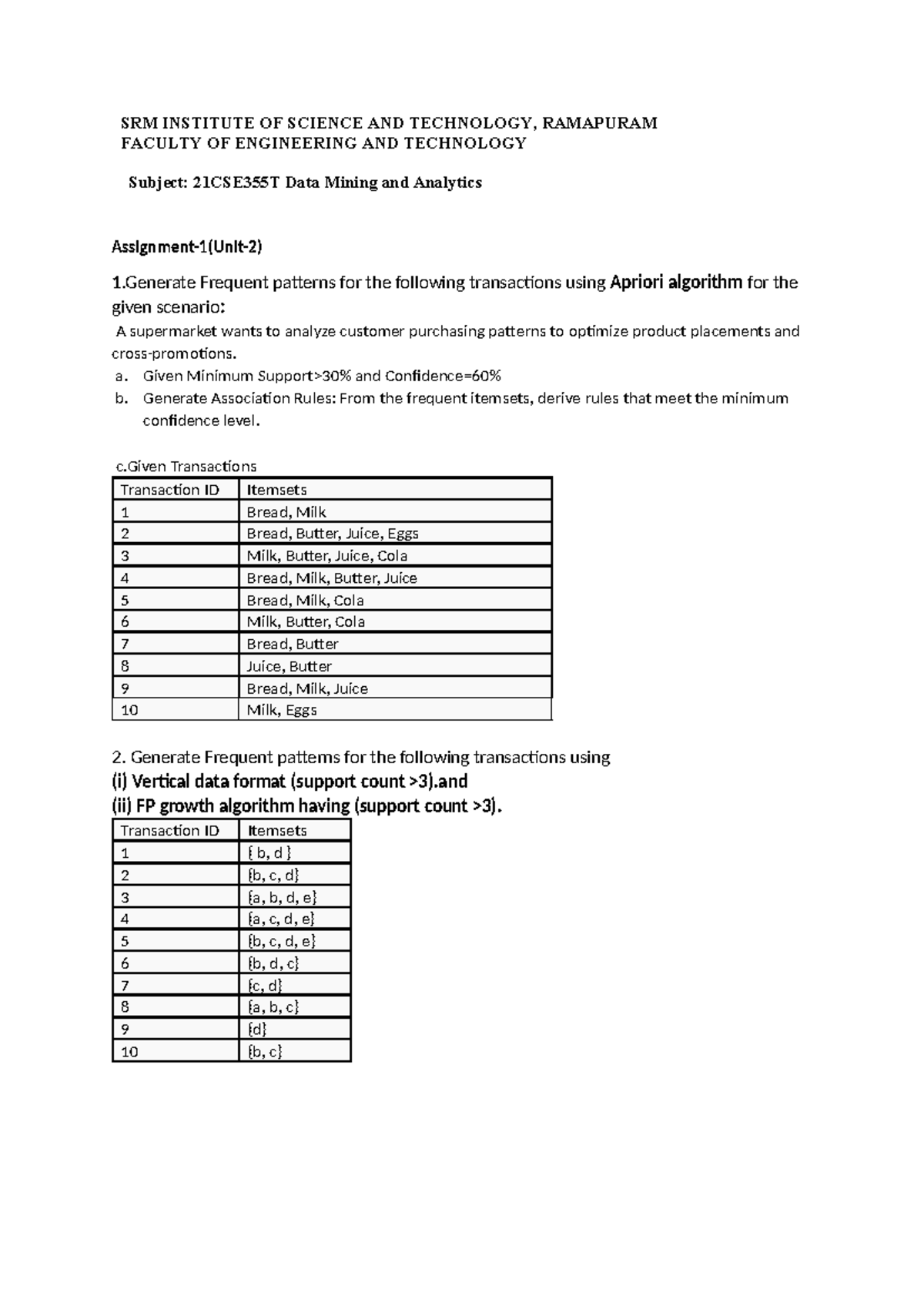 21CSE355T Data mining and analytics assignment questions on frequent ...