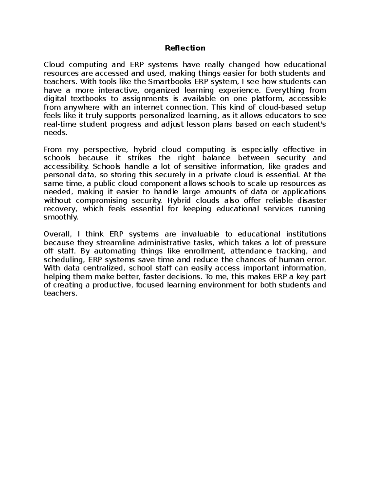 Reflection on Cloud Computing and ERP Systems in Education - Studocu