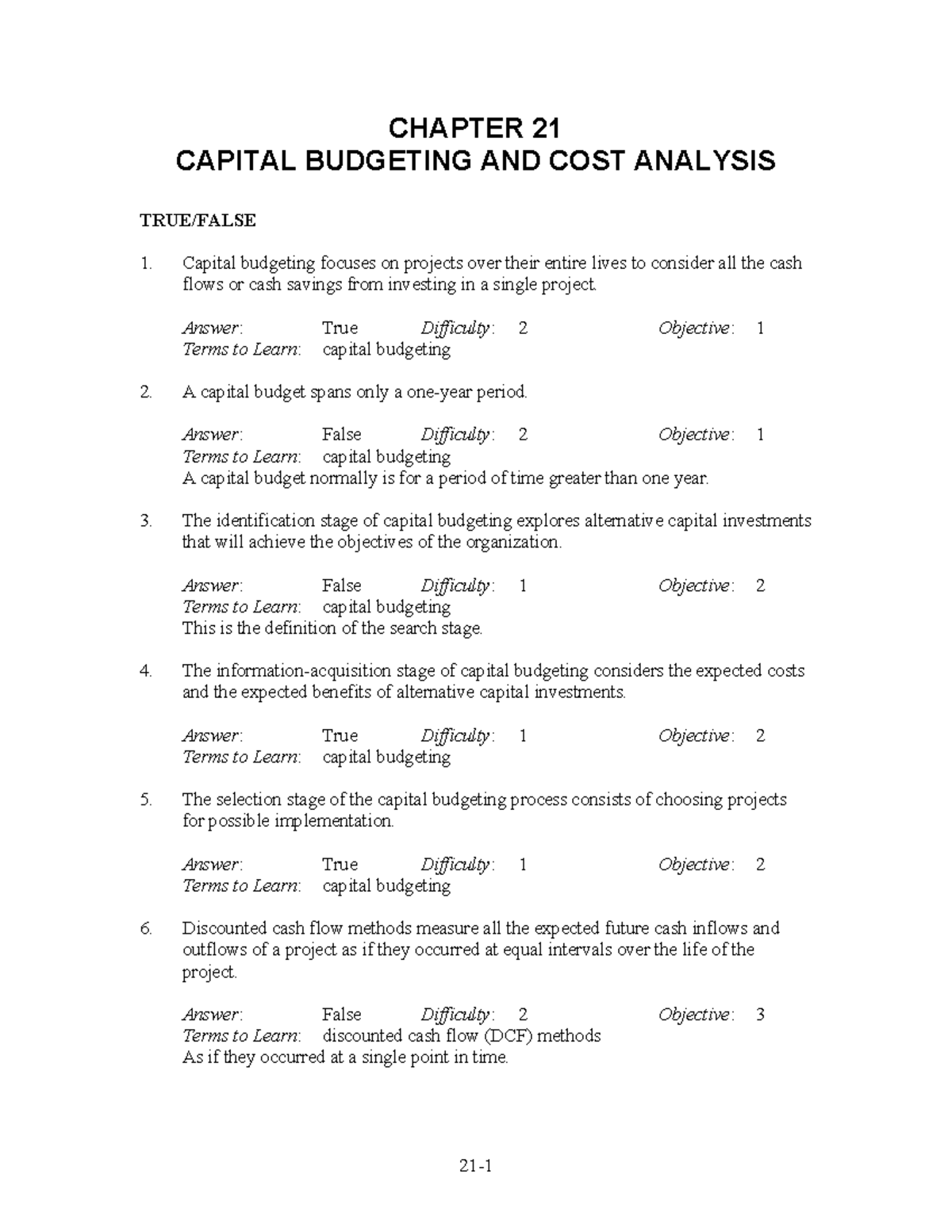 Chapter 21 - Capital Budgeting: Ace Your Exam with Practice Sets! - Studocu