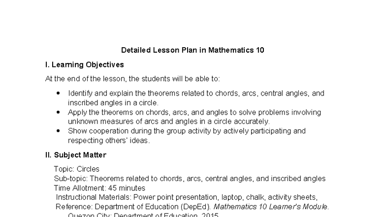 DLP#4 - Detailed Lesson Plan on Circle Theorems for Math 10 - Studocu