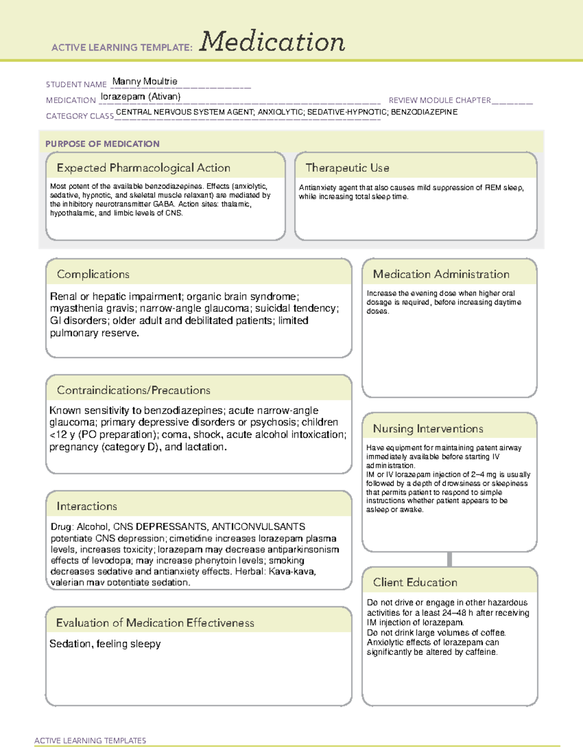 Ativan Medication Template for ATI ####### ACTIVE LEARNING TEMPLATES Ativan Medication Template for ATI ####### ACTIVE LEARNING TEMPLATES