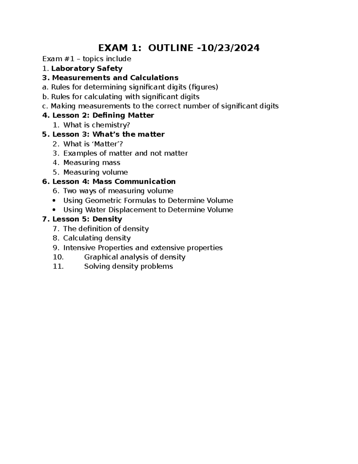 Exam 1 Outline: Topics on Chemistry & Laboratory Safety (CHEM101 ...