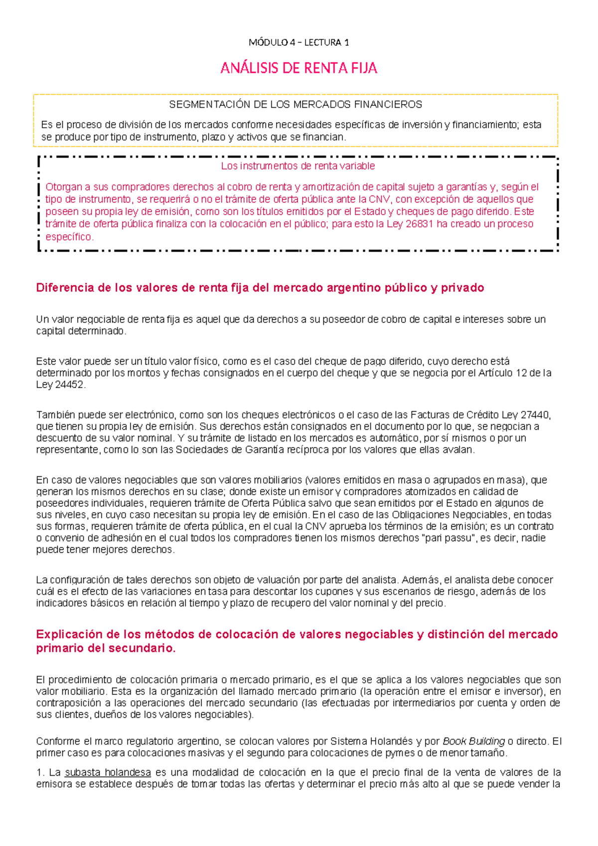 MÓDULO 4 LECTURA 1: ANÁLISIS DE RENTA FIJA Y MERCADOS FINANCIEROS - Studocu