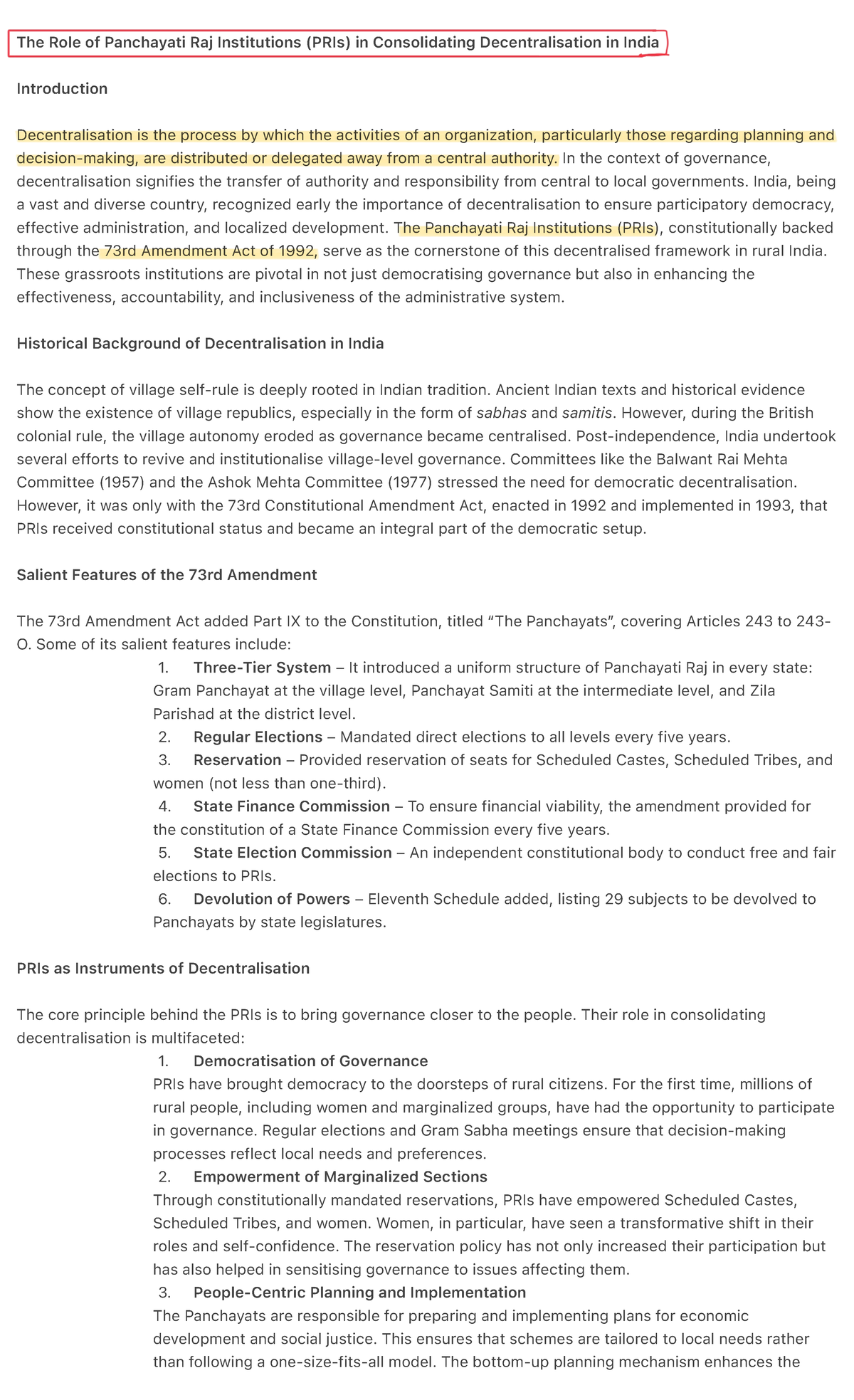 The Role of PRIs in Strengthening Decentralisation in India: An ...
