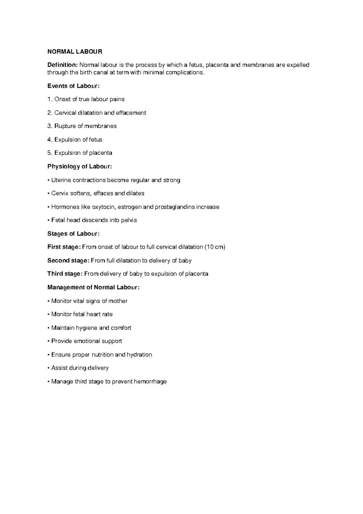 Normal Labour Notes: Definition, Events, Physiology & Management - Studocu