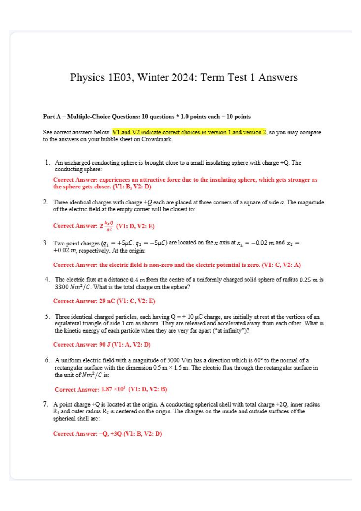 Physics 1E03, Winter 2024: Term Test 1 Answer Key & Solutions - Studocu
