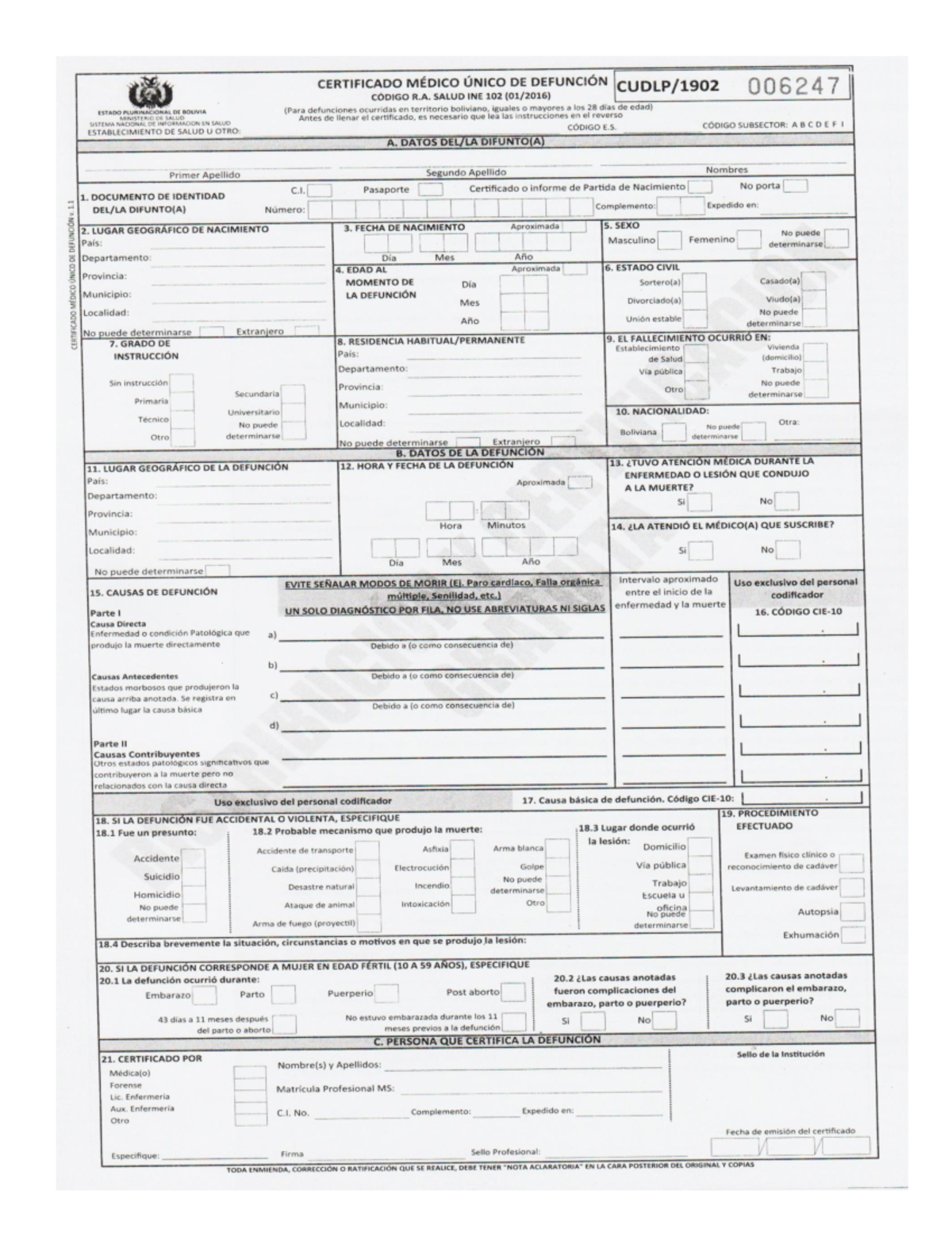 Certificado Médico de Defunción - Bolivia - Código R. Salud INE 102 - Document Preview