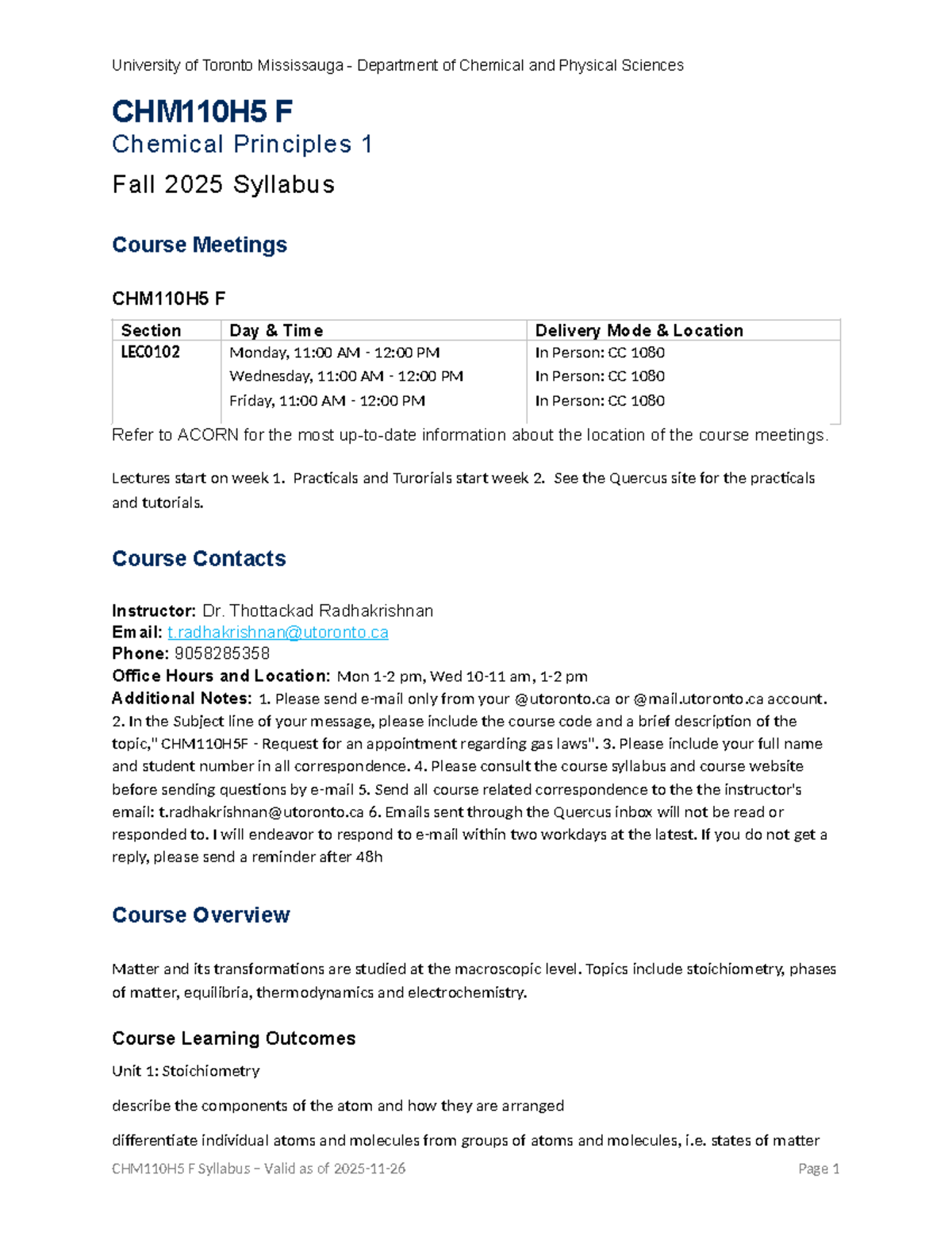 CHM110H5 F Fall 2025 Syllabus: Chemical Principles 1 Overview - Studocu