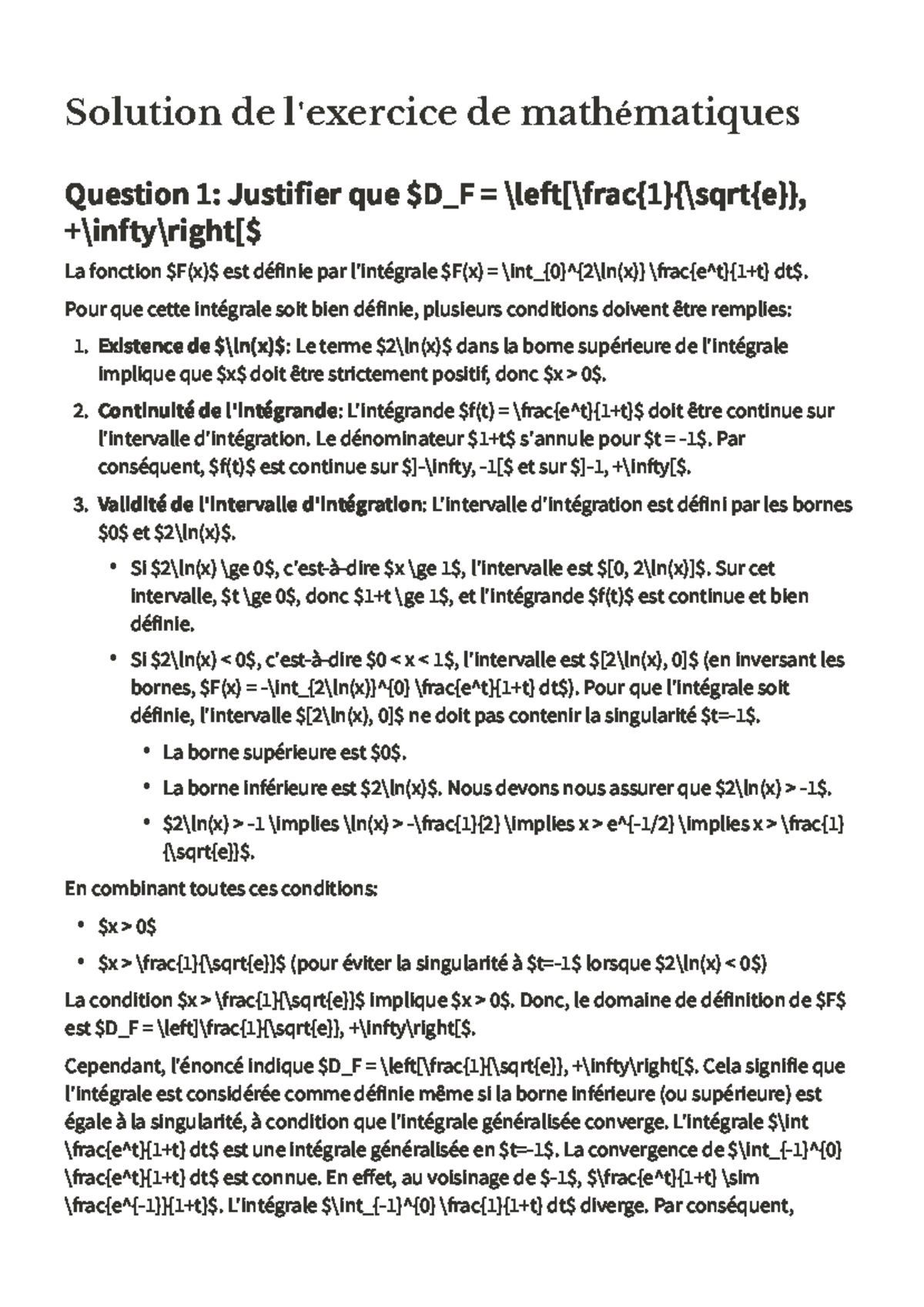 Solutions de Mathématiques - Justifications et Dérivabilité (MATH101 ...