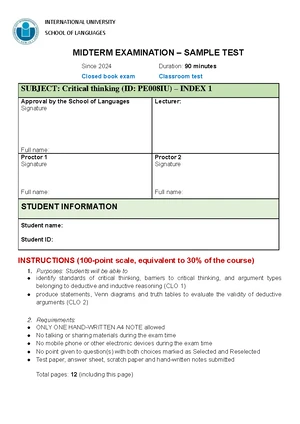 Midterm Exam Sample Test for Critical Thinking (PE008IU) - Studocu