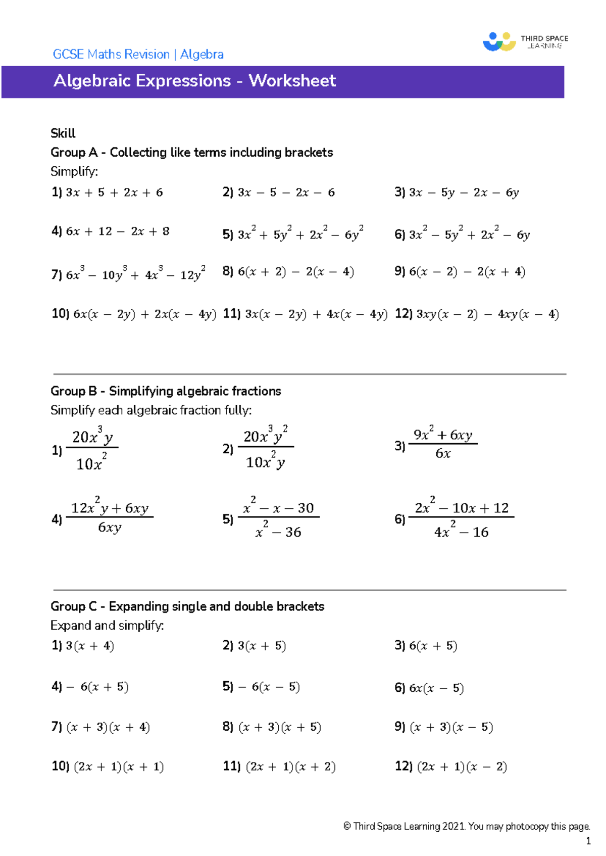 Algebraic Expressions - GCSE Worksheet 1: Simplifying Expressions - Studocu