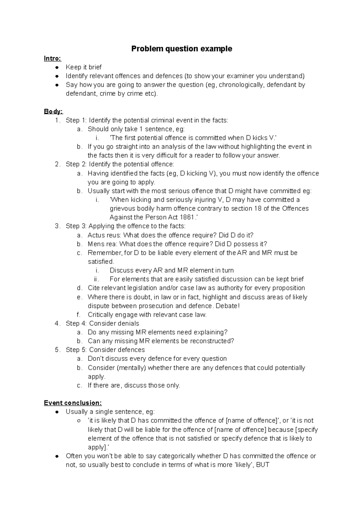 Criminal Law Problem Question Analysis Guide for Exam Preparation - Studocu