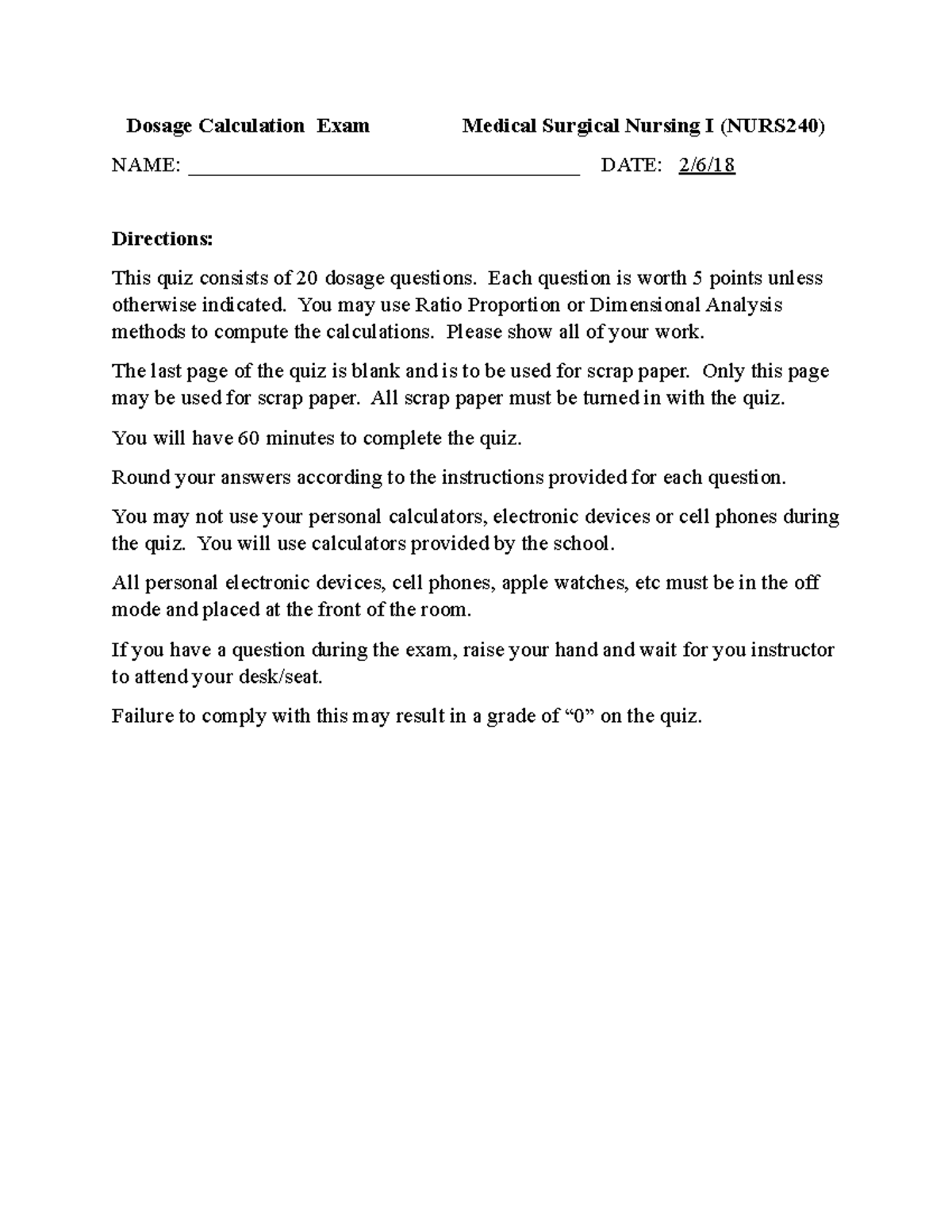 Dosage Calculation Exam Medical Practice Packet 3 - Dosage Calculation ...