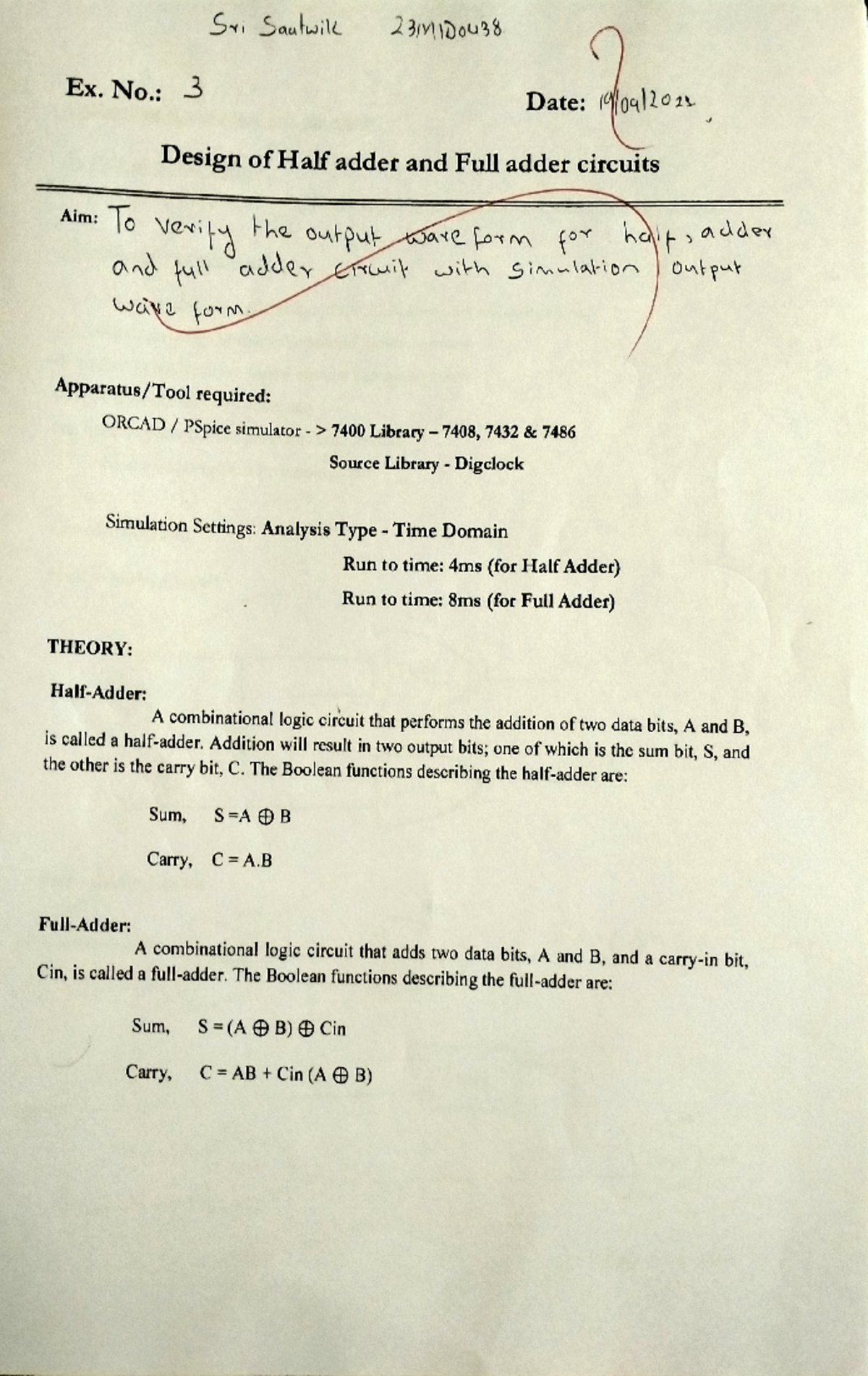 HALF ADDER and FULL ADDER Circuits - Design and Simulation Notes - Studocu