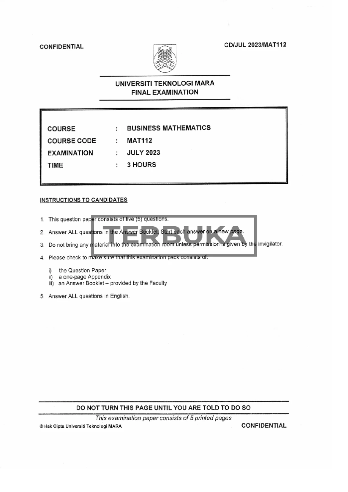 MAT112 - Final Exam Past Paper for Business Mathematics (July 2022 ...