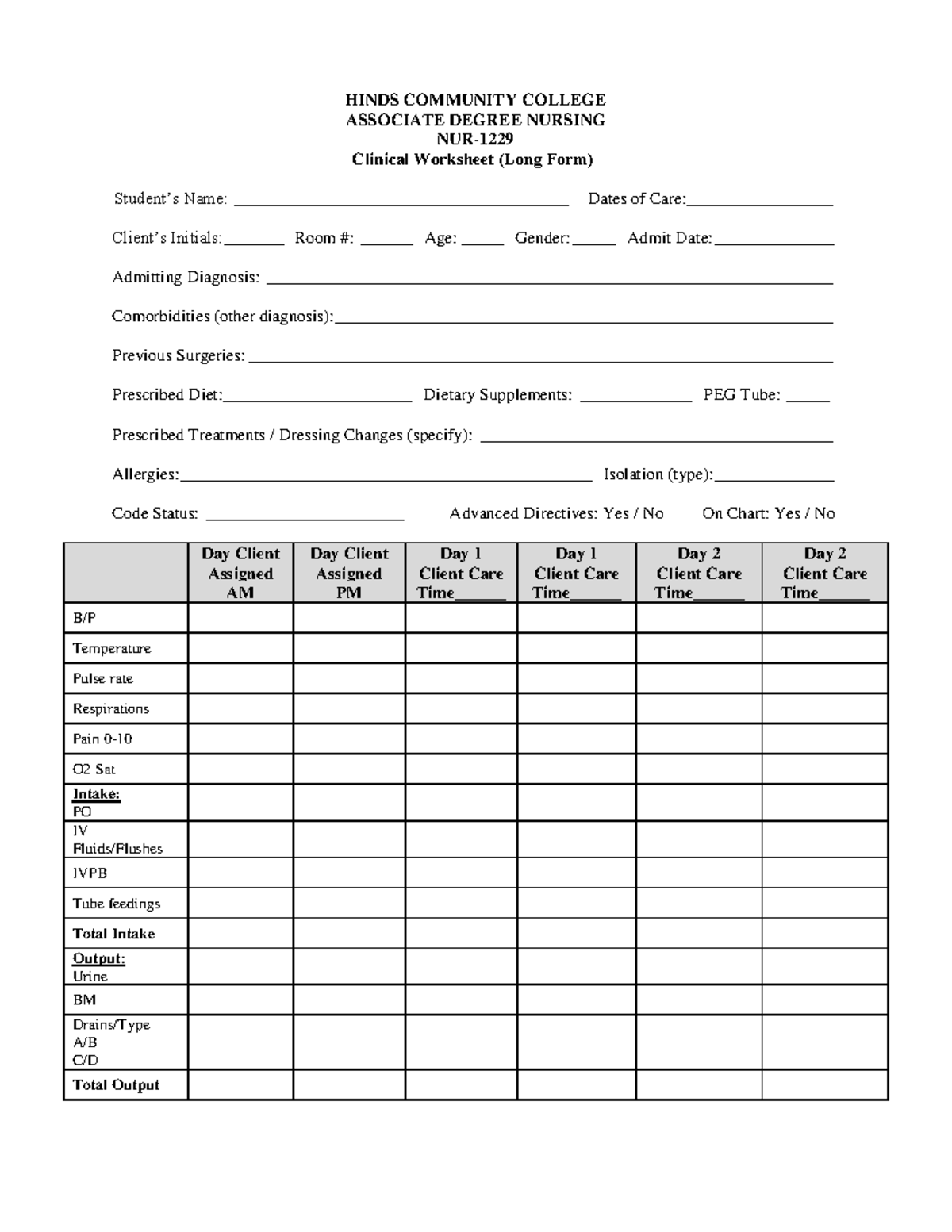 NUR-1229 Clinical Worksheet: Long Form for Nursing Students - Studocu