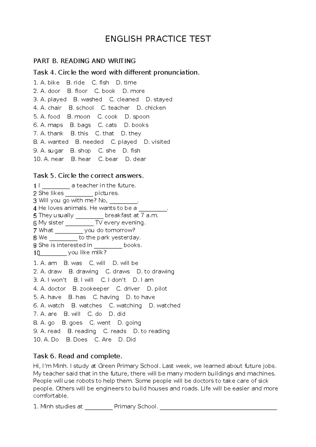 ENGLISH PRACTICE TEST PART B: READING & WRITING Tasks - Studocu