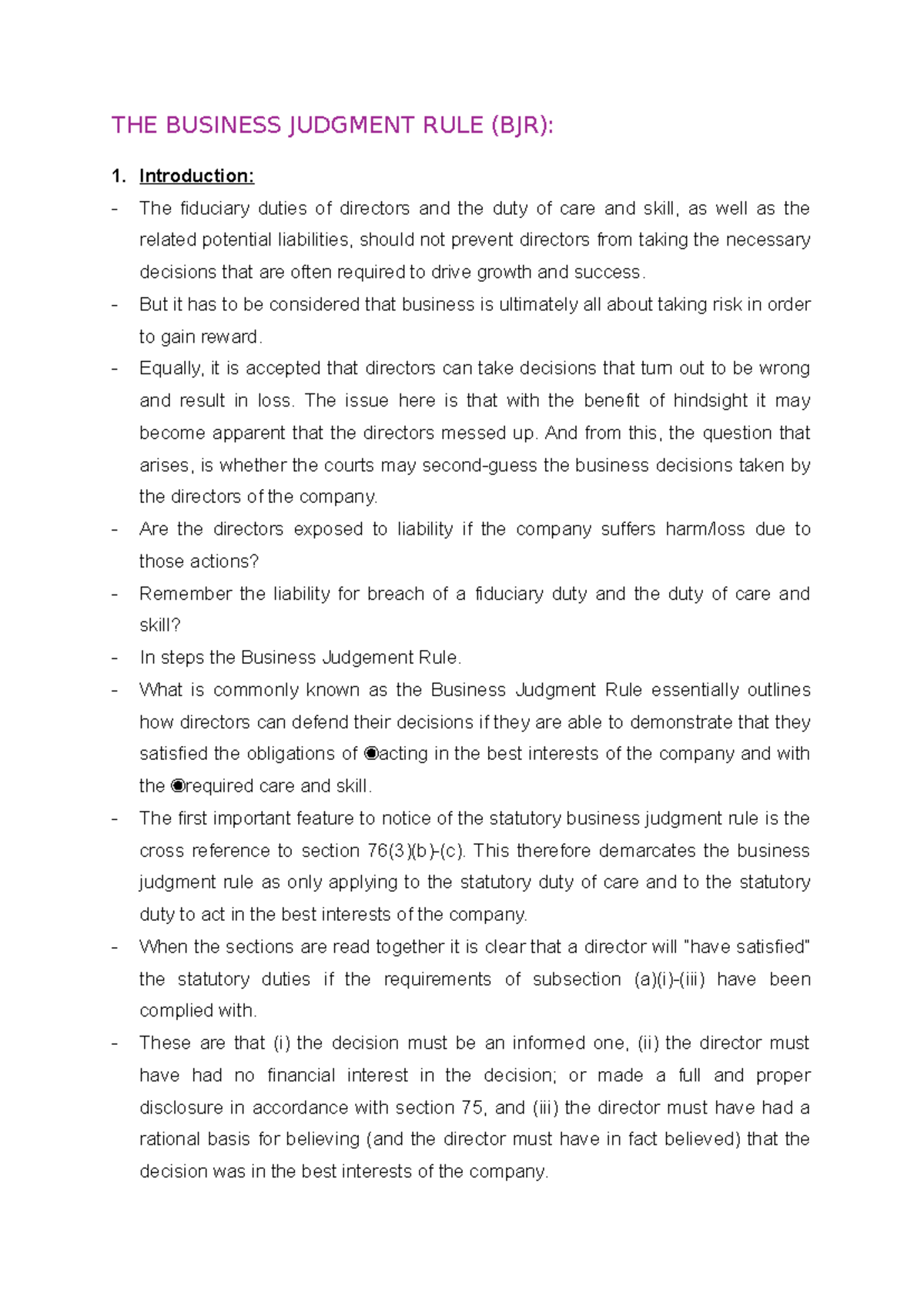 BJR Notes: Understanding the Business Judgment Rule and Its ...