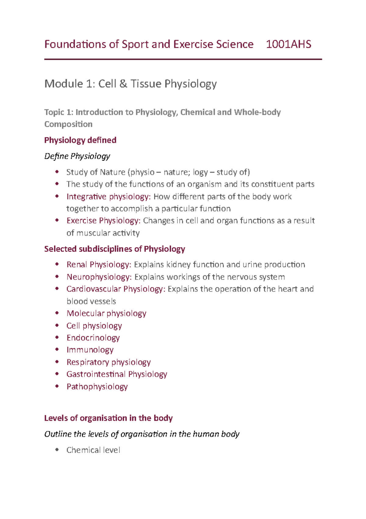 1001AHS Module 1 Notes - Foundations of Sport and Exercise Science ...