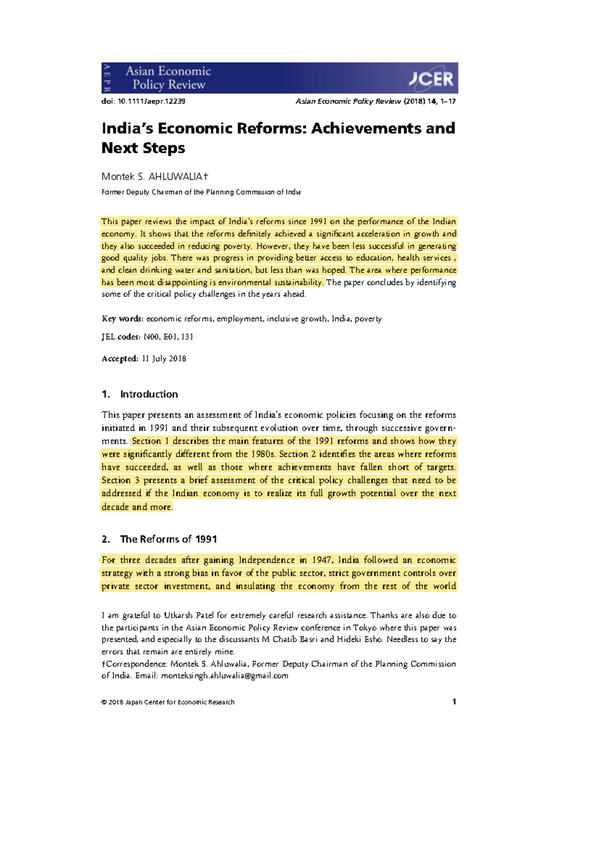 Economic Reforms in India: Achievements and Future Challenges (EPR 2018 ...