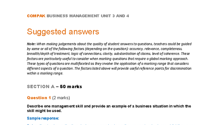 COMPAK BUSINESS MANAGEMENT UNIT 3 & 4 Suggested Answers 2024 - Studocu