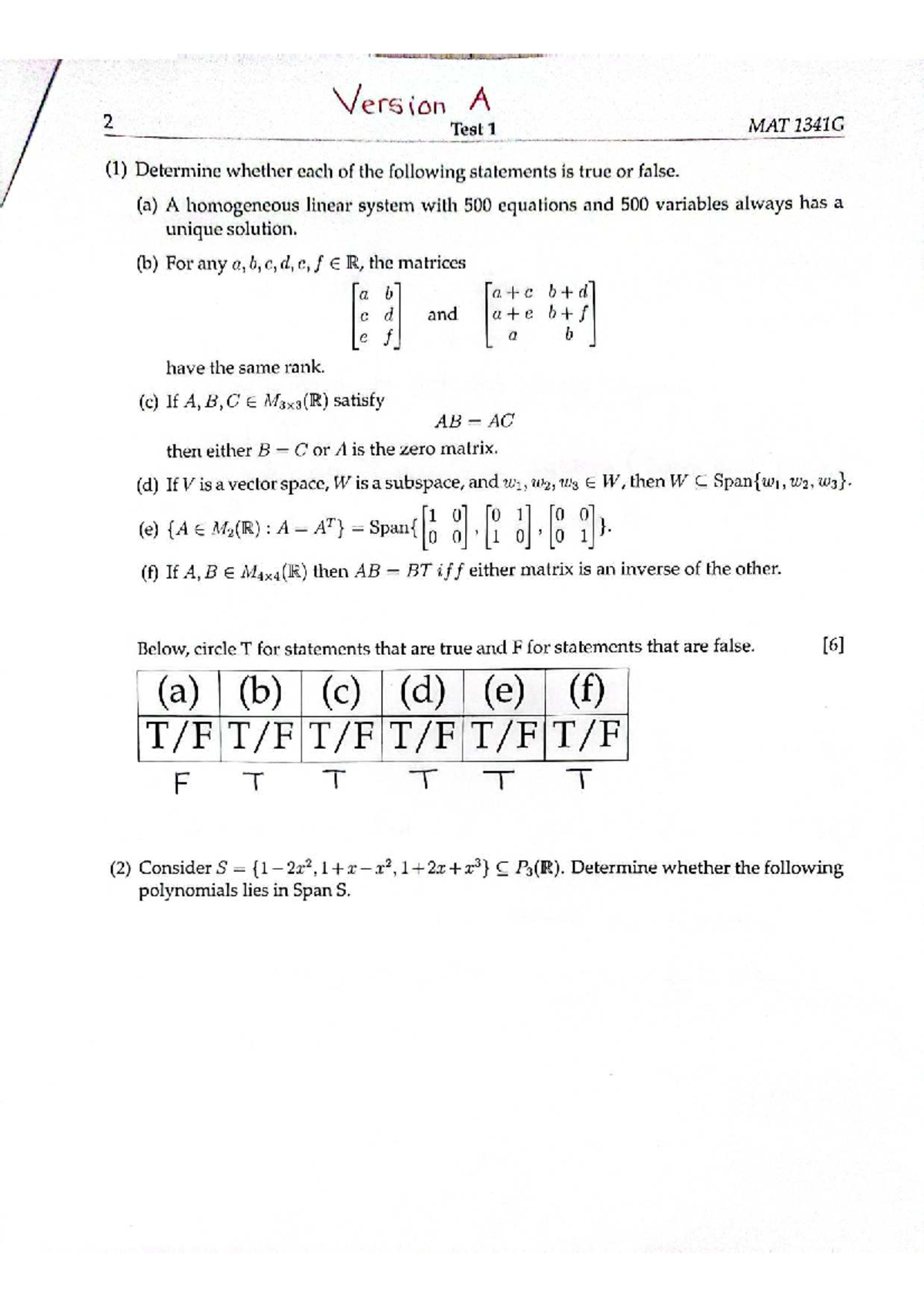 Midterm 1 solutions for MAT 1341G: Test 1 analysis and answers - Studocu