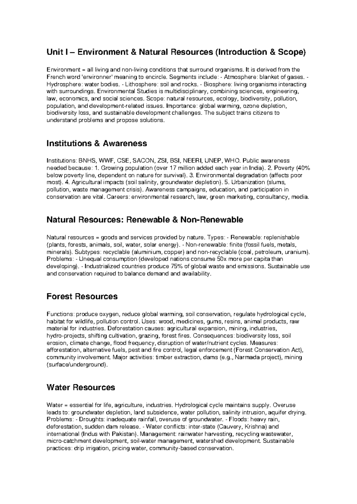 EVS 101: Unit I - Environment & Natural Resources Overview - Studocu