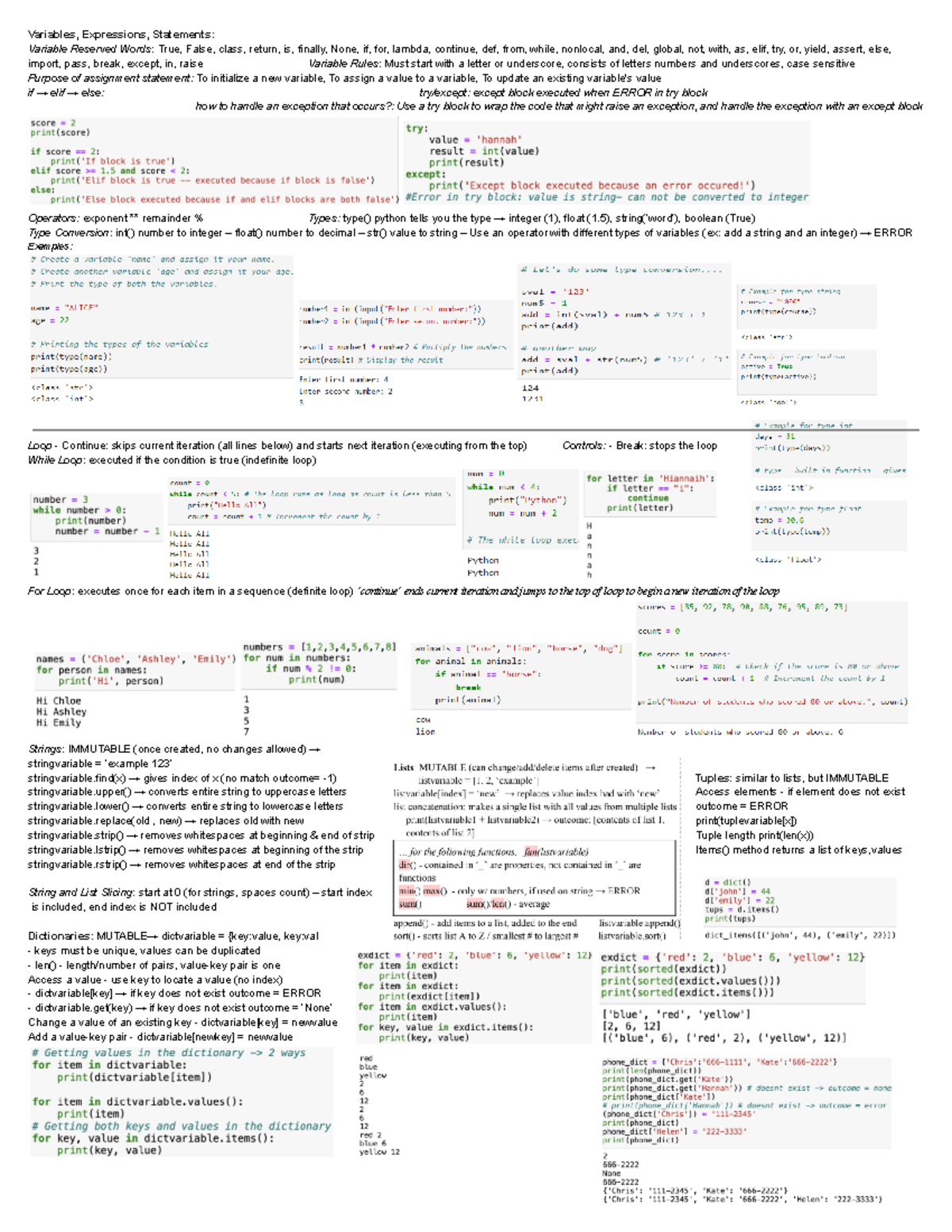 CQS Midterm Cheat Sheet - Variables, Expressions, Statements: Variable ...