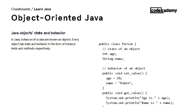 Java - OOP Cheatsheet: Understanding State, Behavior, and Methods - Studocu