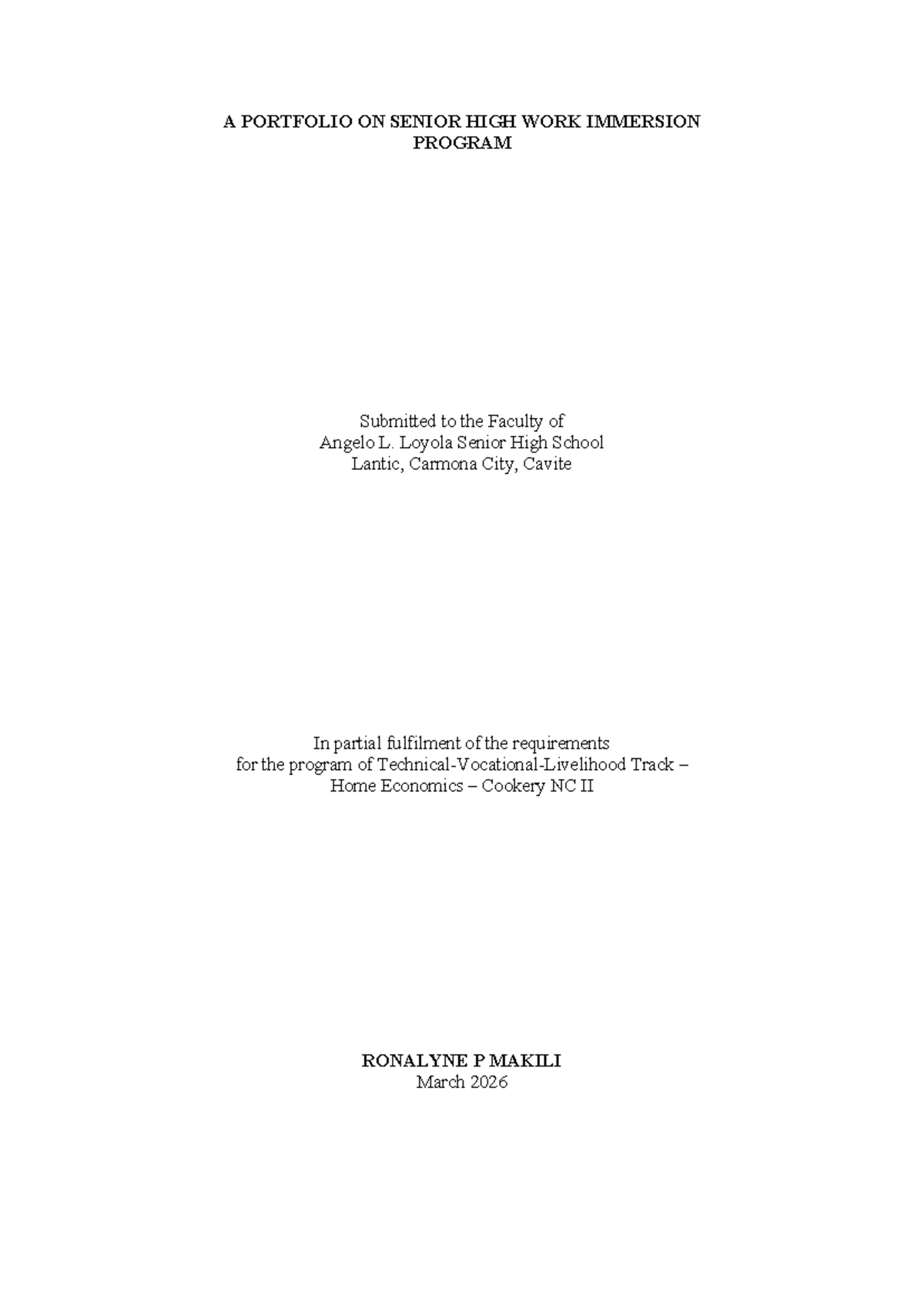 Portfolio on Senior High Work Immersion Program (HE Cookery NC II ...