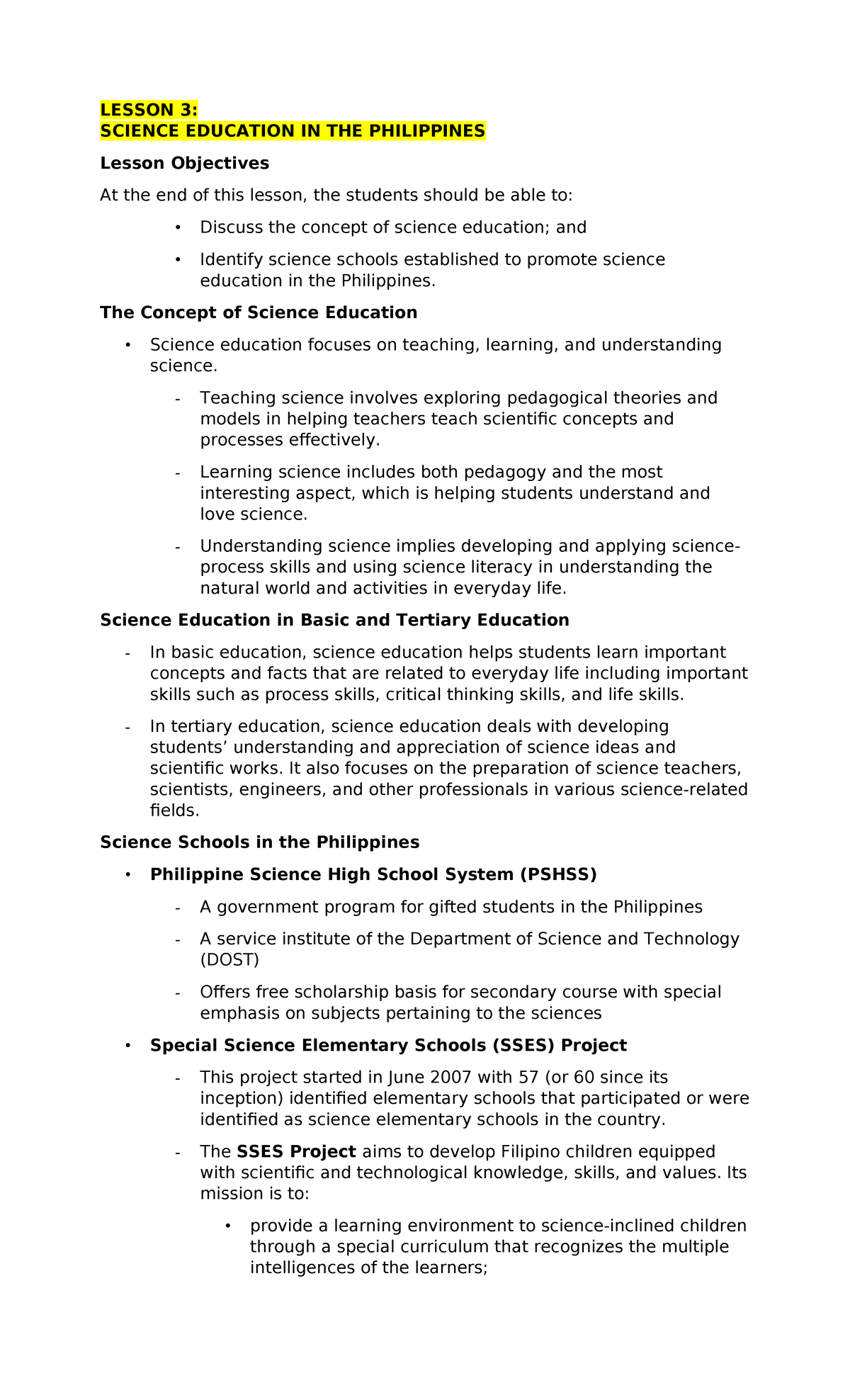 LESSON 3 & 4: SCIENCE EDUCATION & INDIGENOUS SCIENCE IN THE PHILIPPINES ...