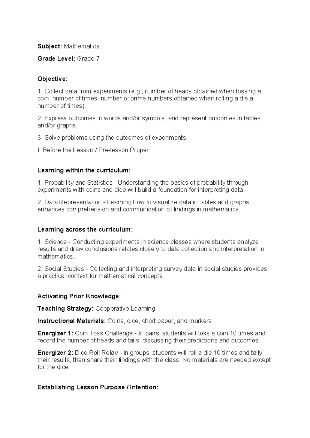 Mathematics Lesson Plan: Data Collection & Probability (Grade 7) - Studocu