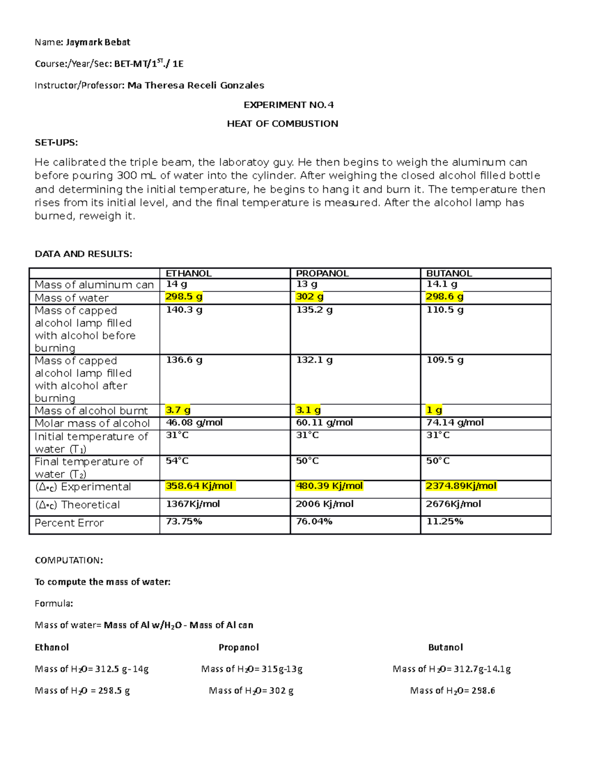 CHEM-LAB-4 - Heat of Combustion Experiment Analysis - Studocu