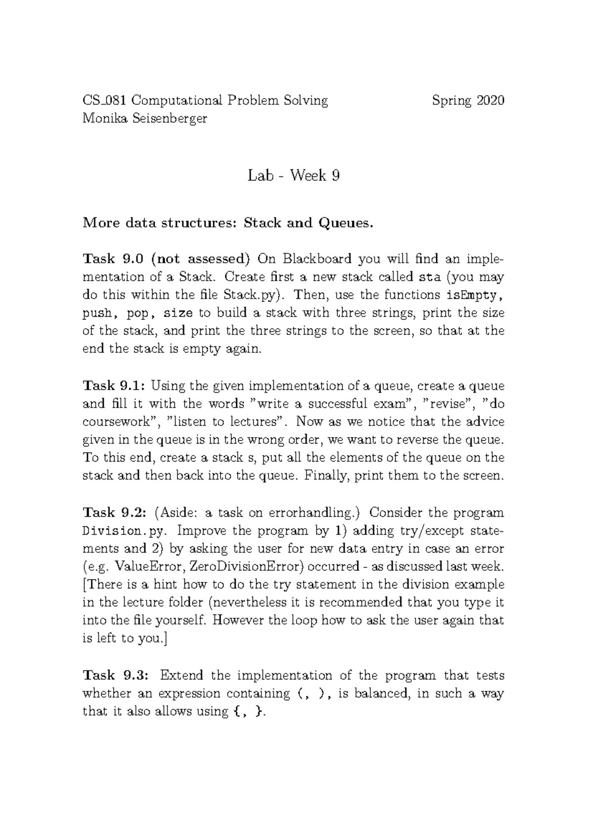 CS081 Lab Task 9: Data Structures - Stacks and Queues Spring 2020 - Studocu