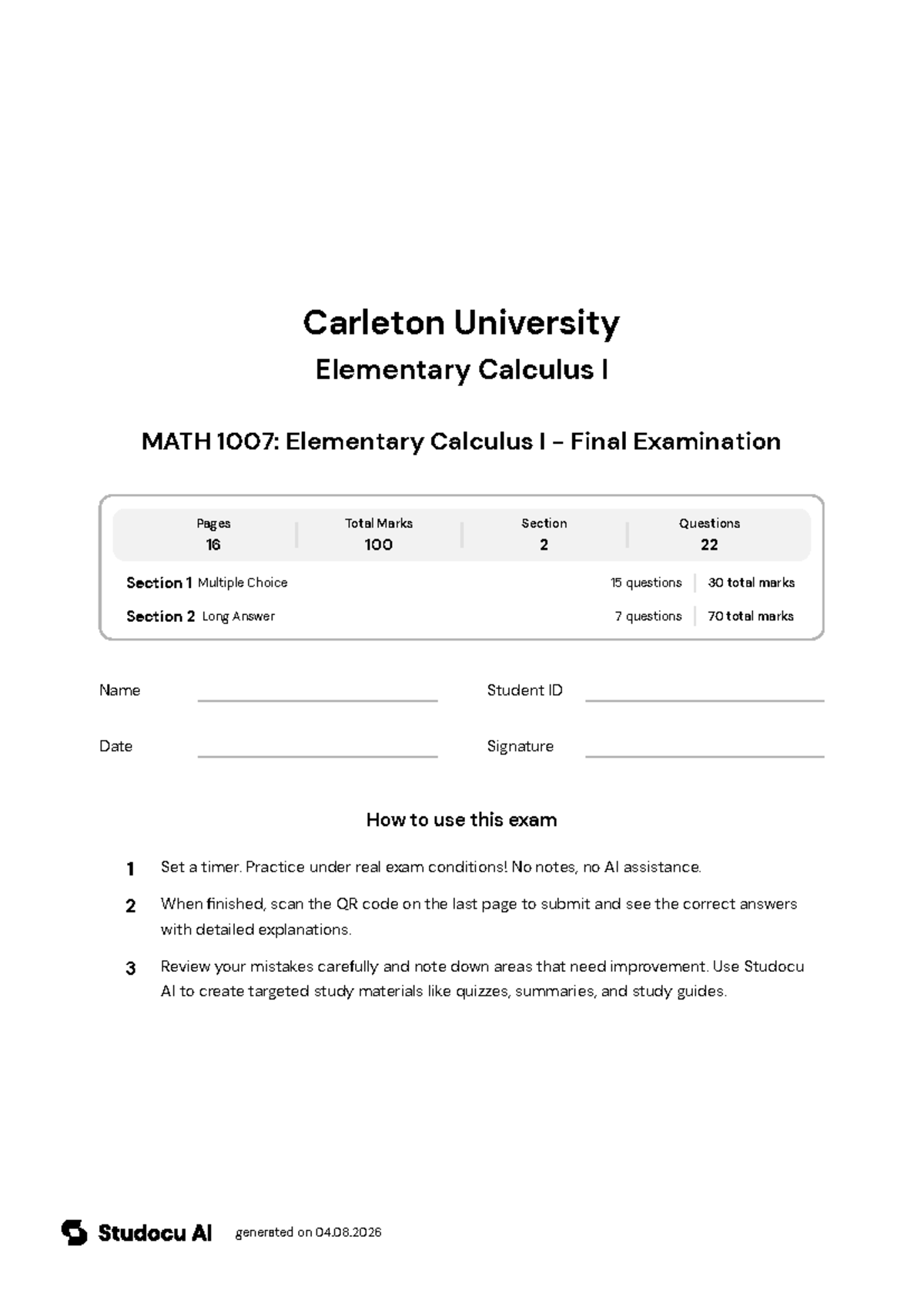 MATH 1007: Elementary Calculus I - Final Exam - Studocu