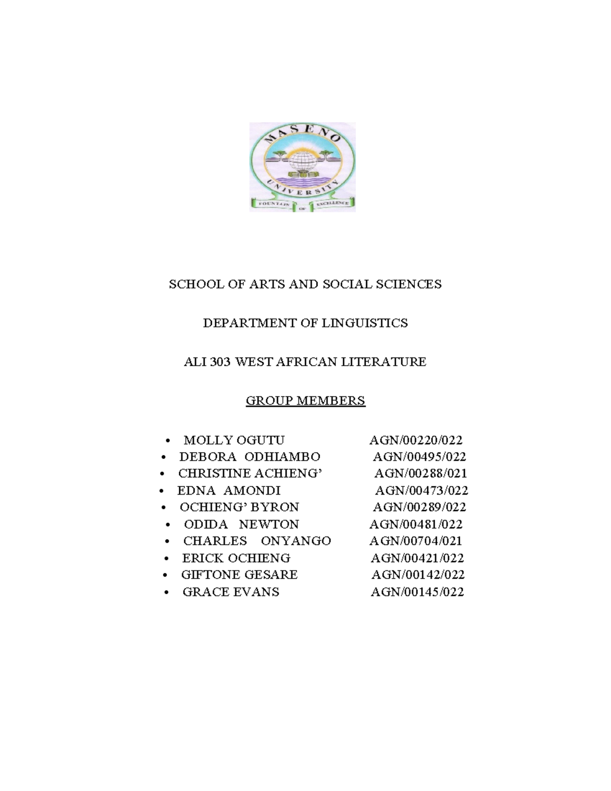 ALI 303 WEST African Literature GRP - Computer science - SCHOOL OF ARTS ...
