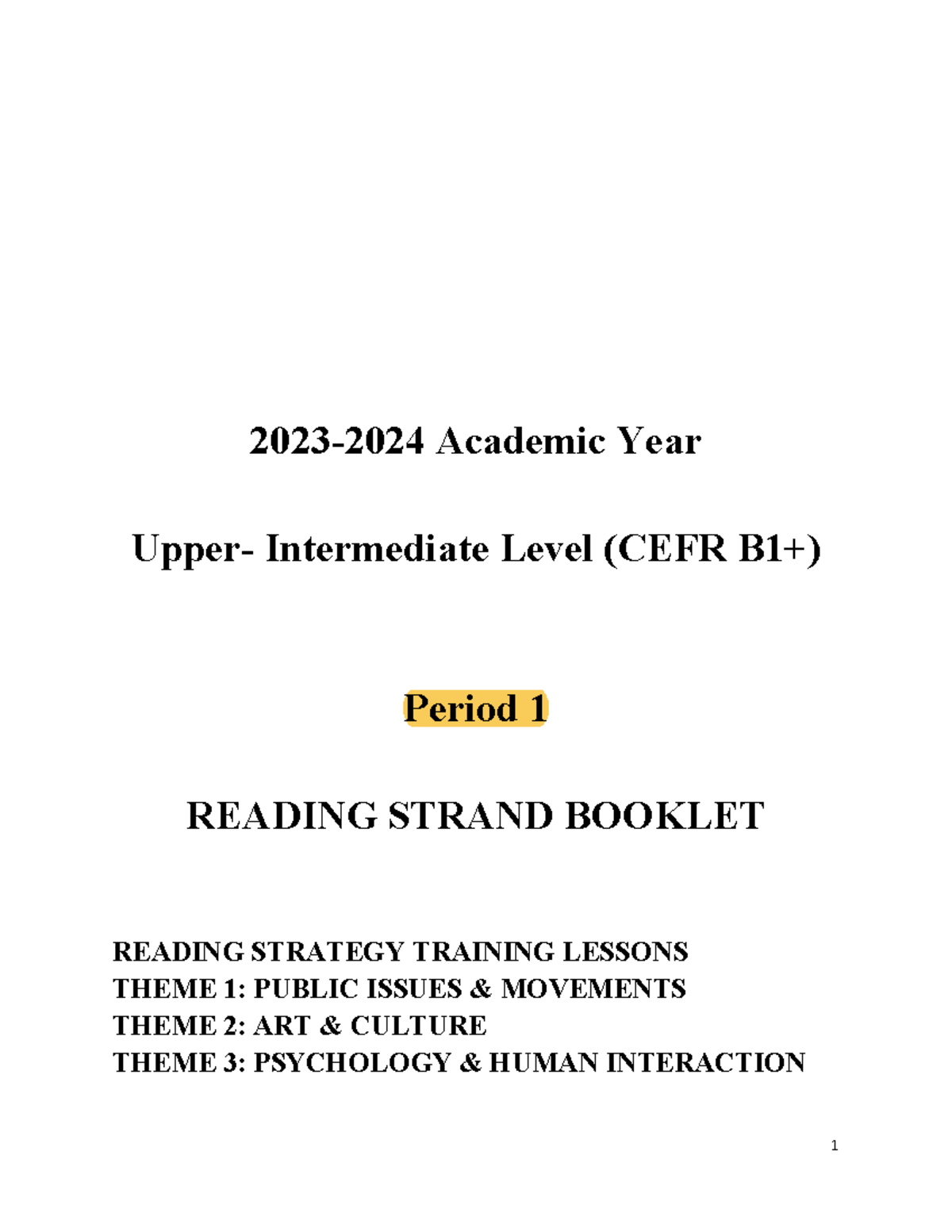 Booklet 2023-2024 P1 Upper Intermediate Reading Strategies and Themes ...