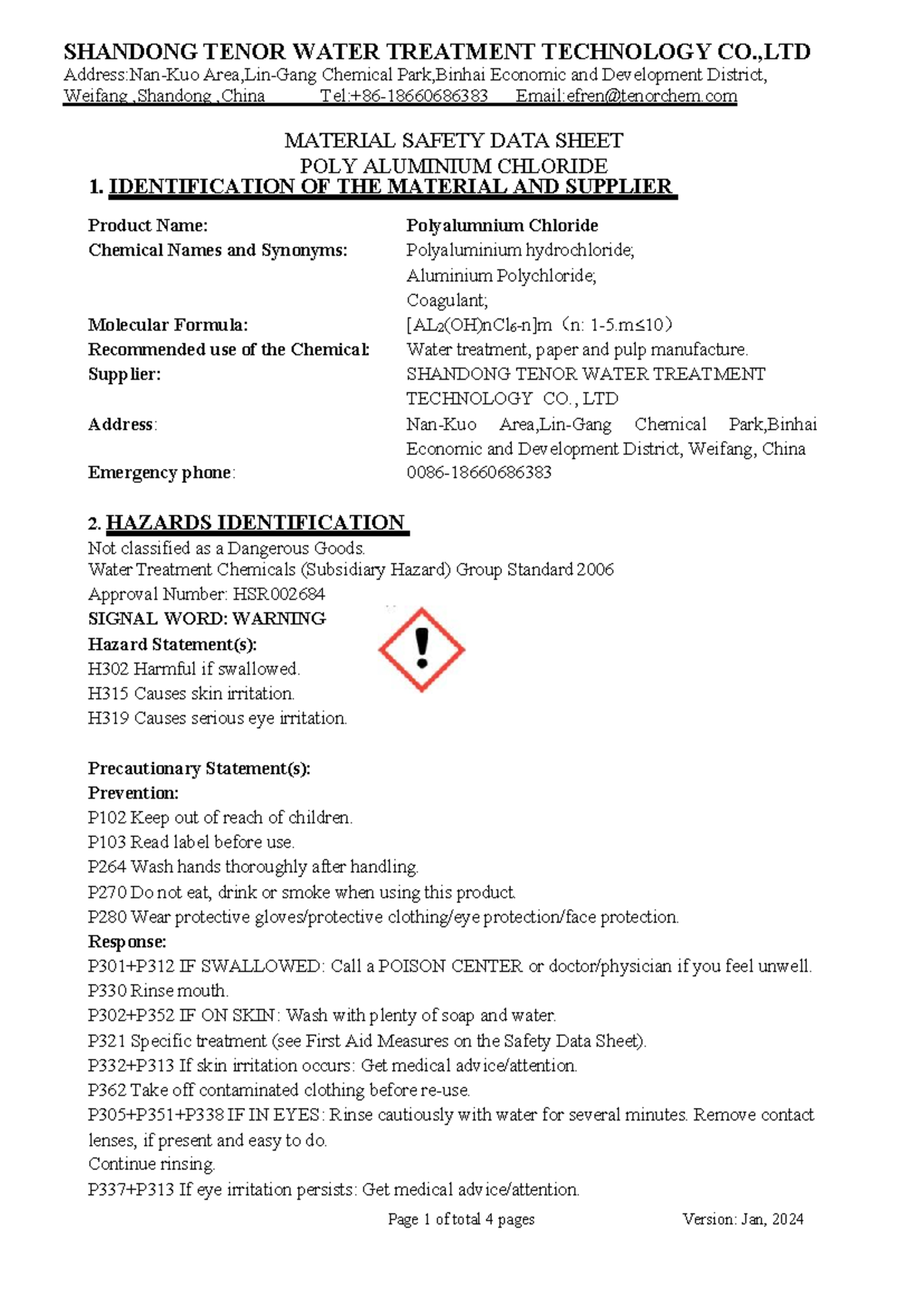 PAC MSDS: Polyaluminium Chloride Safety Data Sheet - Shandong Tenor ...