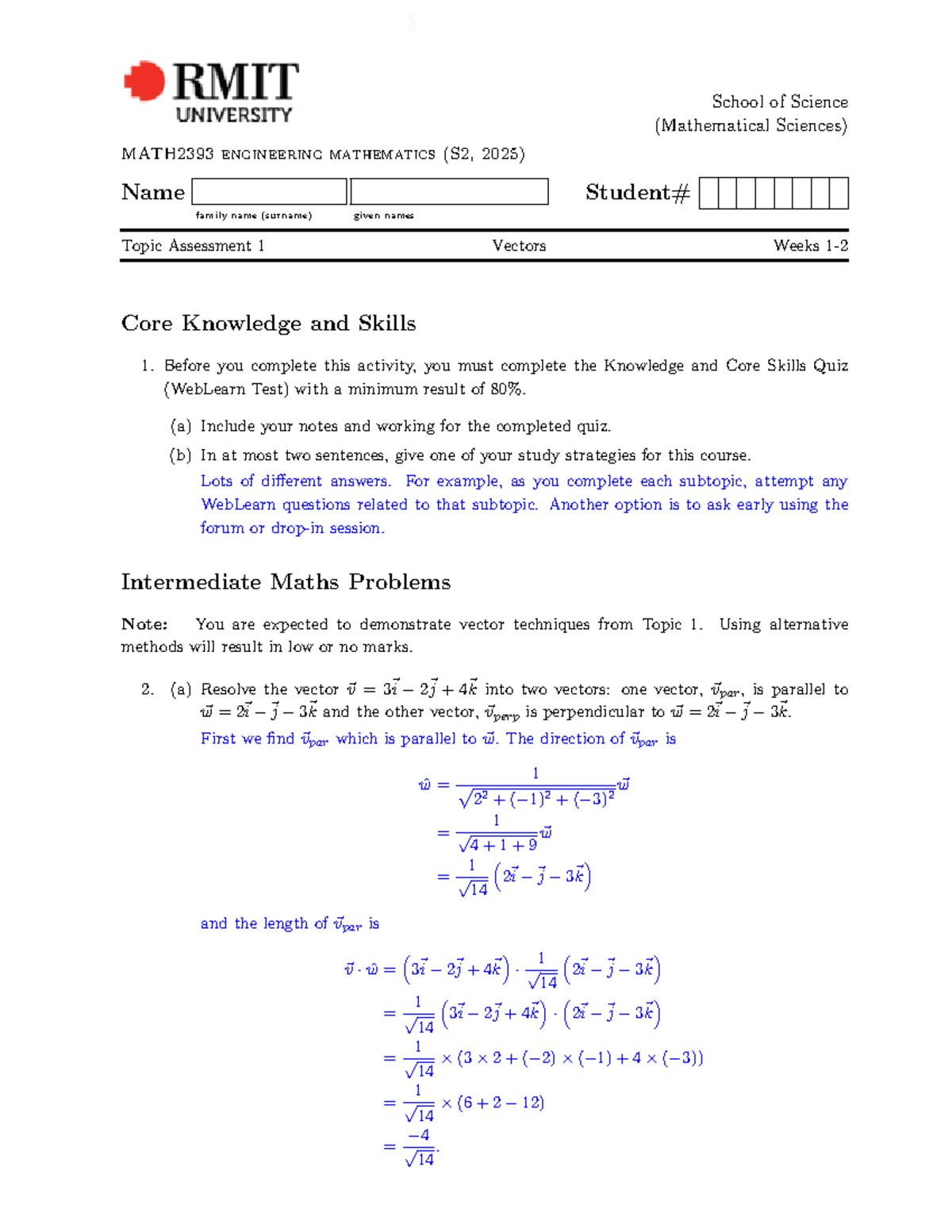 MATH2393 Engineering Mathematics Assessment 1: Vectors Analysis - Studocu