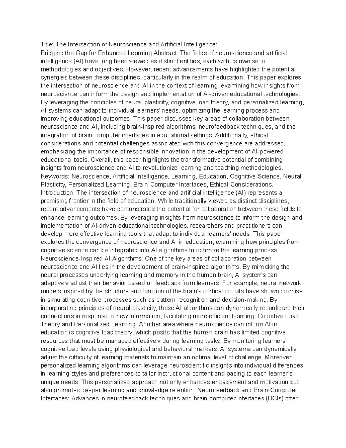 Title The Intersection of Neuroscience and Artificial Intelligence ...