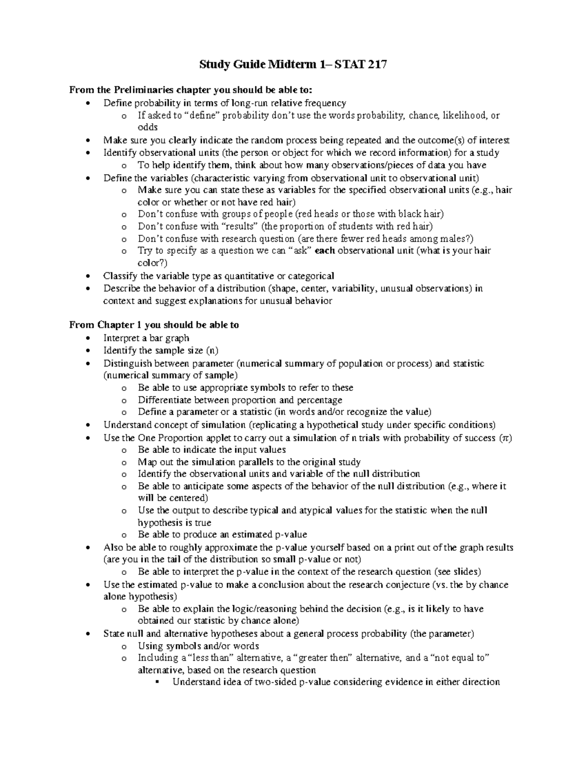 Study Guide Midterm 1 - STAT 217 v06 - Studocu