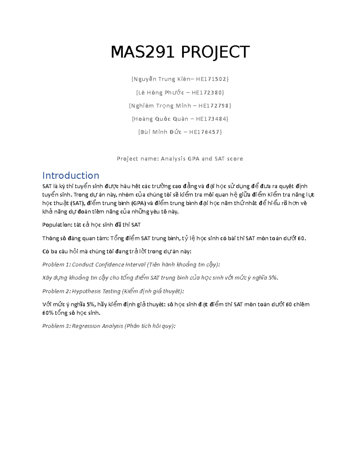 Report - mas - MAS291 PROJECT {Nguyễễn Trung Kiễn– HE171502} {Lễ Hồồng ...