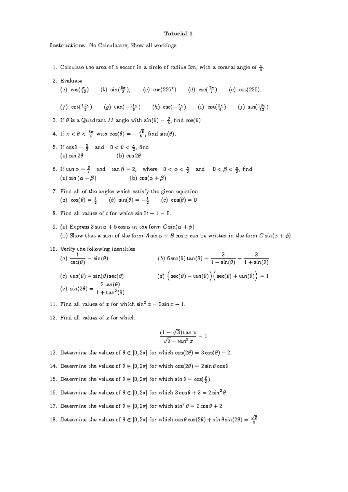 Tutorial 1: Sector Area & Trigonometric Evaluations and Identities ...